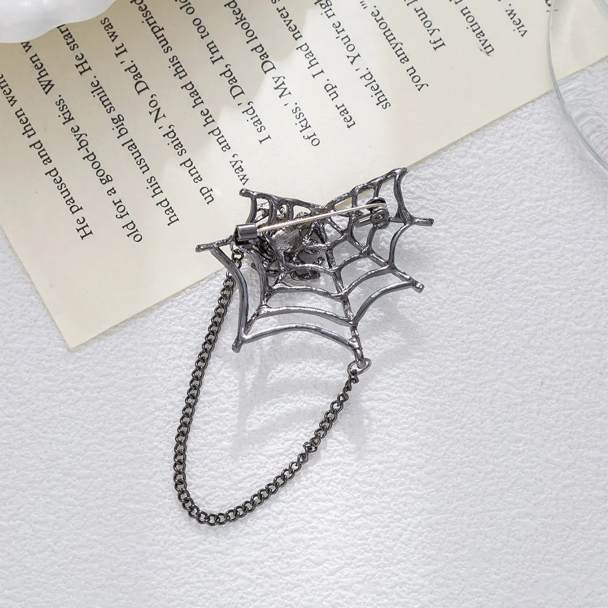 Silver Diamond-Inlaid Spider Web with Chain Creative Brooch 3pcs