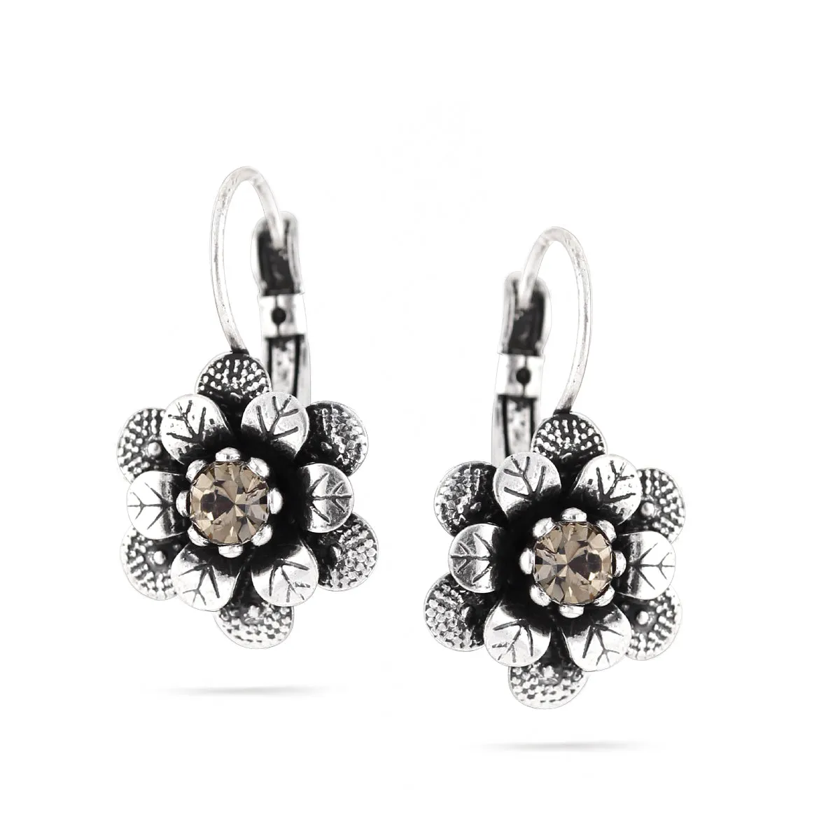 SILVER FLOWER CRYSTAL  EARRINGS #215BK3101