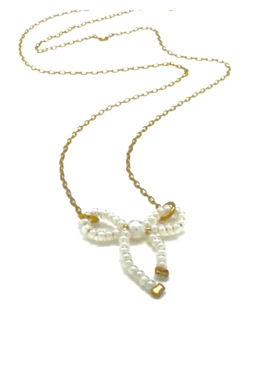 Silver Girl Pearl Bow Necklace