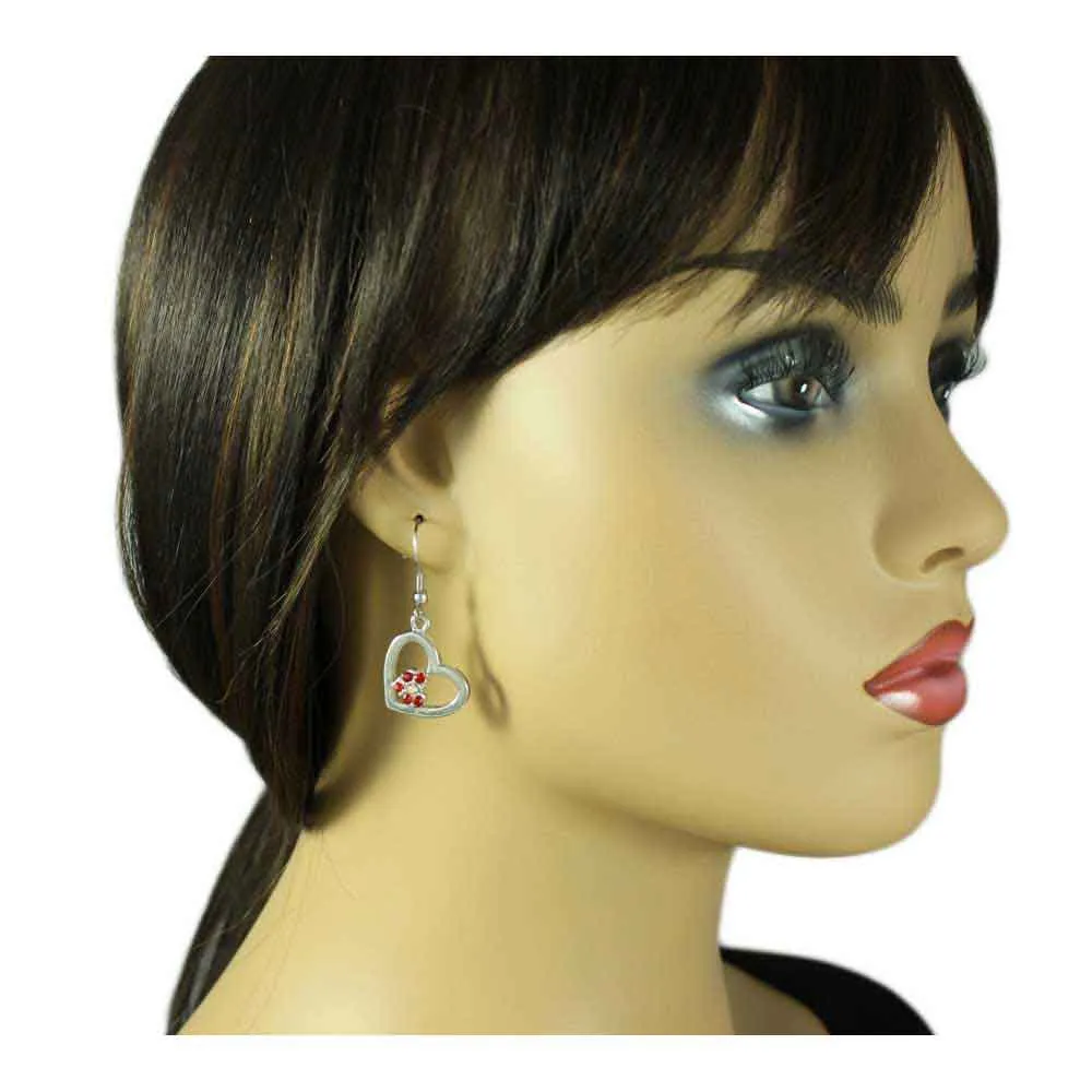Silver Heart with Red Crystal Heart Dangling Pierced Earring - RSN649E