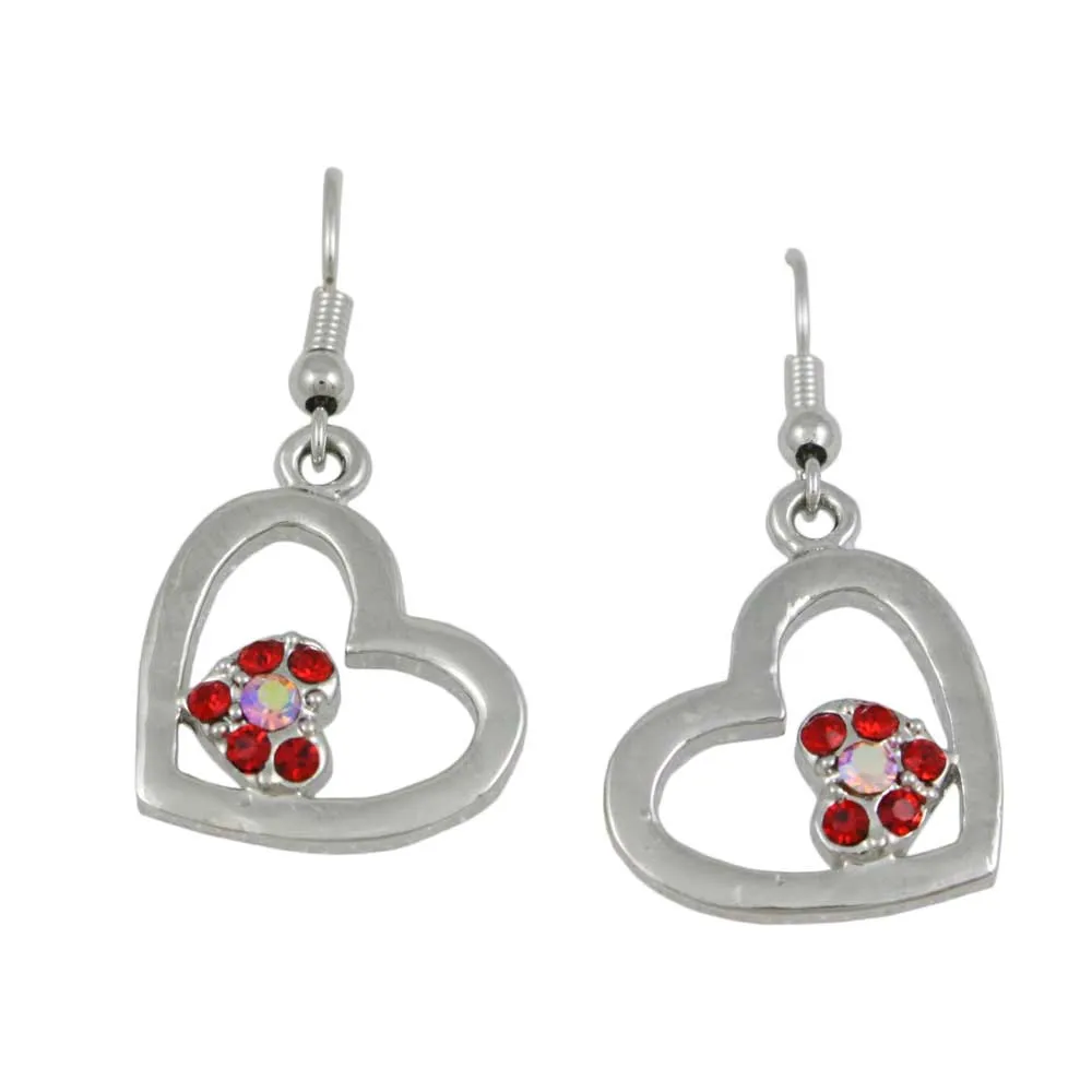 Silver Heart with Red Crystal Heart Dangling Pierced Earring - RSN649E