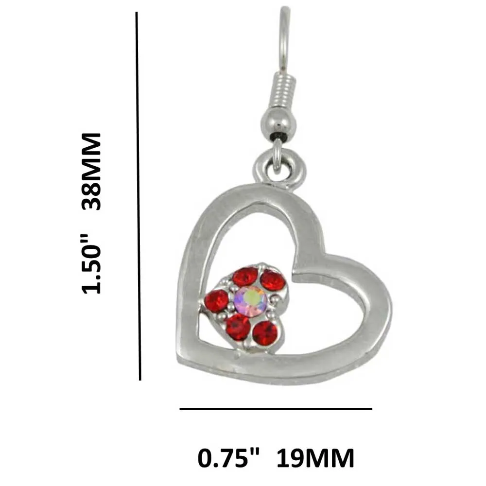 Silver Heart with Red Crystal Heart Dangling Pierced Earring - RSN649E