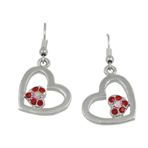Silver Heart with Red Crystal Heart Dangling Pierced Earring - RSN649E