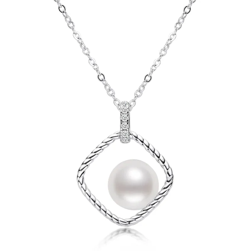 Square Holllow Natural Freshwater Pearl Pendant Necklace