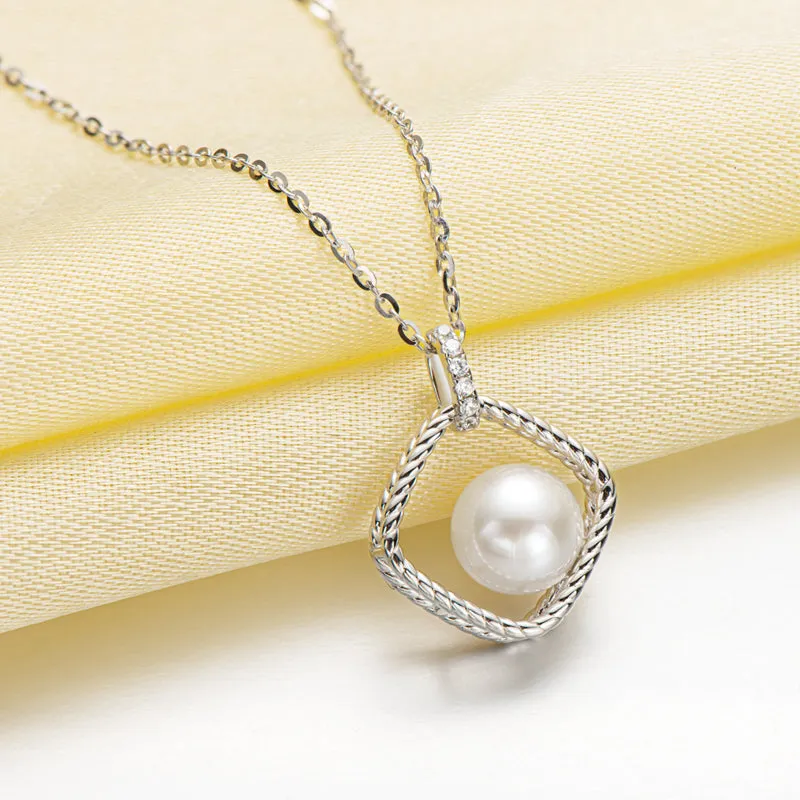 Square Holllow Natural Freshwater Pearl Pendant Necklace