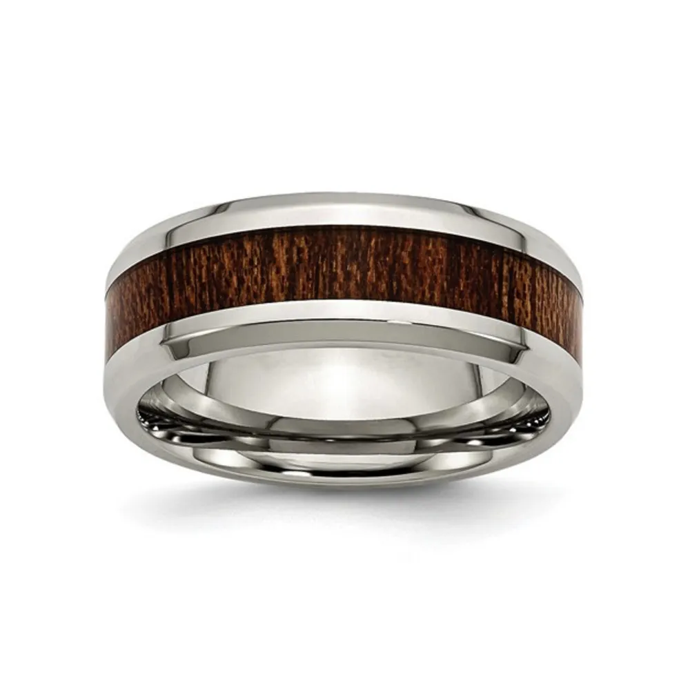 Stainless Steel (8mm) Brown Koa Wood Inlay Enameled Band