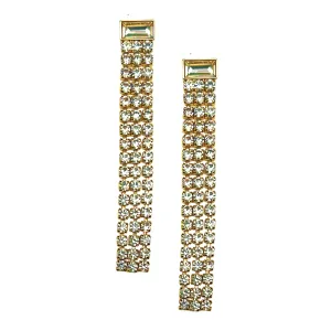Statement Earrings with Baguette Rhinestone Top & Chain Fringe - Gold Plated