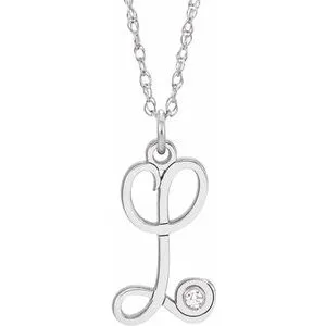 Sterling Silver .02 CT Diamond Script Initial L 16-18" Necklace