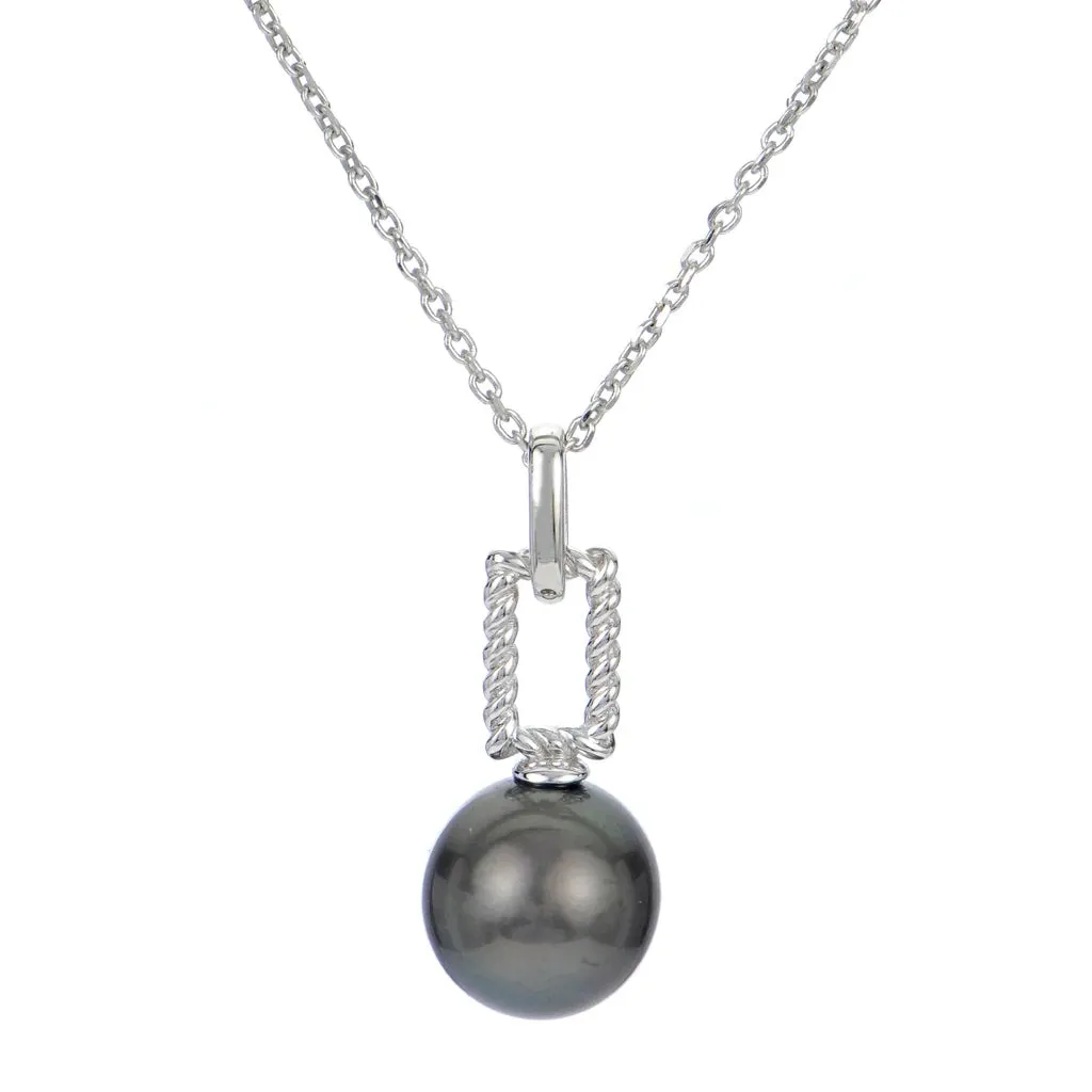 Sterling Silver (9-10mm)Tahitian Pearl Polish & Twisted Pendant on Cable Chain