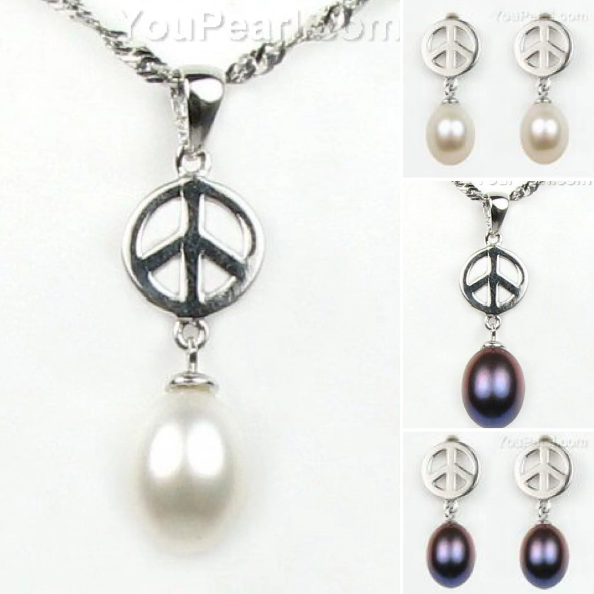Sterling Silver Peace Symbol Necklace (Black or White Pearl Pendant)