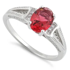 Sterling Silver Ruby Oval Cut CZ Ring