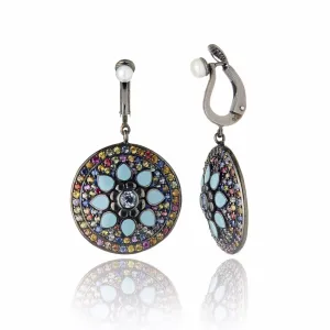 Sterling Silver Statement Earring Clips With Baby Blue Enamel, Mixed Sapphires, Blue Topaz & White Pearl