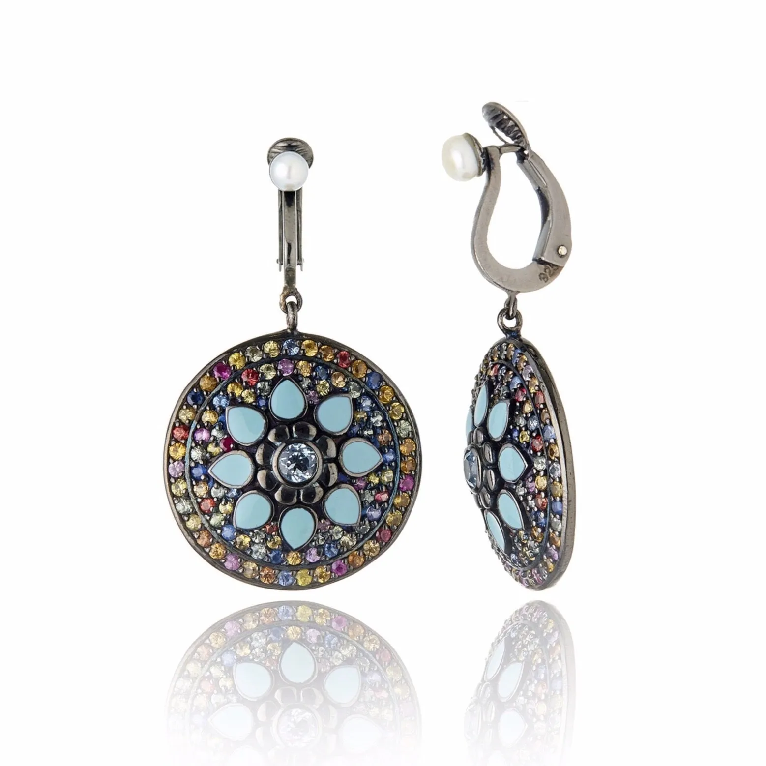 Sterling Silver Statement Earring Clips With Baby Blue Enamel, Mixed Sapphires, Blue Topaz & White Pearl