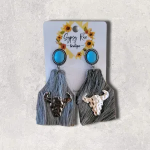 Take A Number Cowboy Grey Cowhide Silver Cowskull Earrings