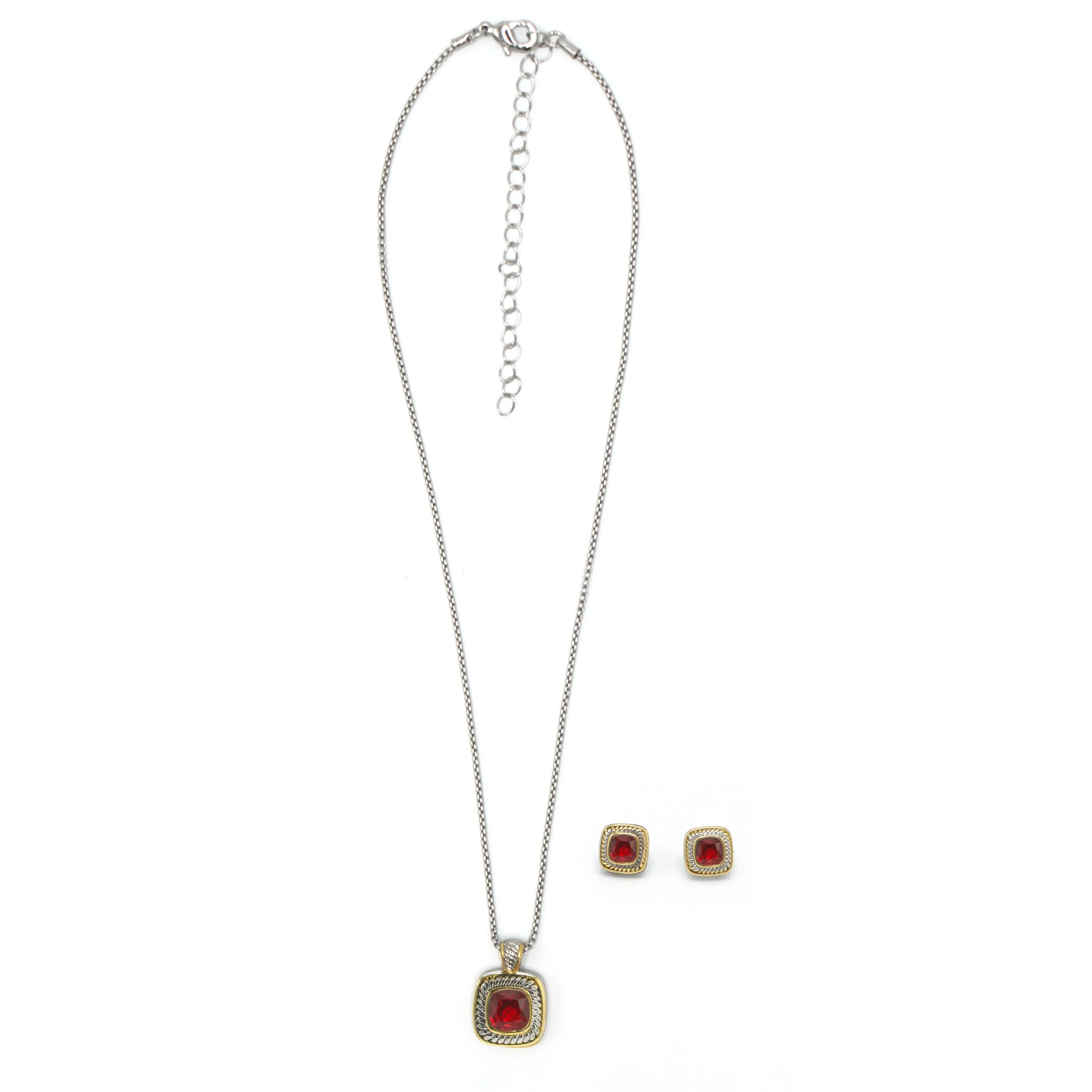 TAZZA Two-Tone Red Crystal Square Cable Pendant Necklace And Earrings Set for Women#JJSET-1959GAR (AF23)