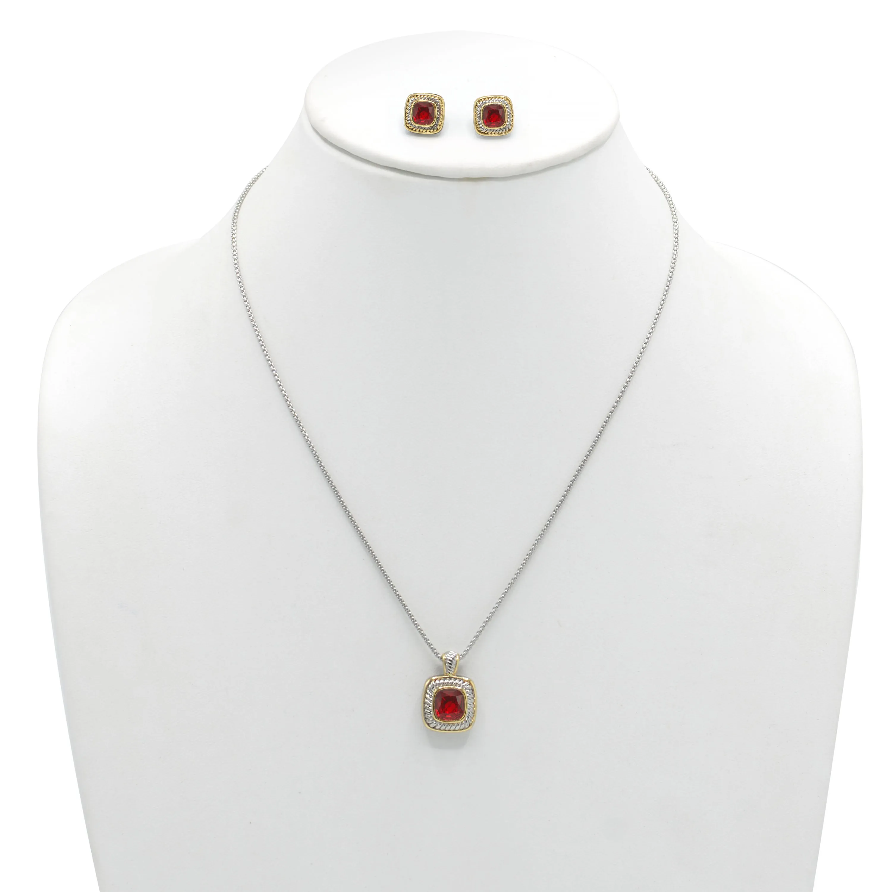 TAZZA Two-Tone Red Crystal Square Cable Pendant Necklace And Earrings Set for Women#JJSET-1959GAR (AF23)
