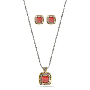 TAZZA Two-Tone Red Crystal Square Cable Pendant Necklace And Earrings Set for Women#JJSET-1959GAR (AF23)