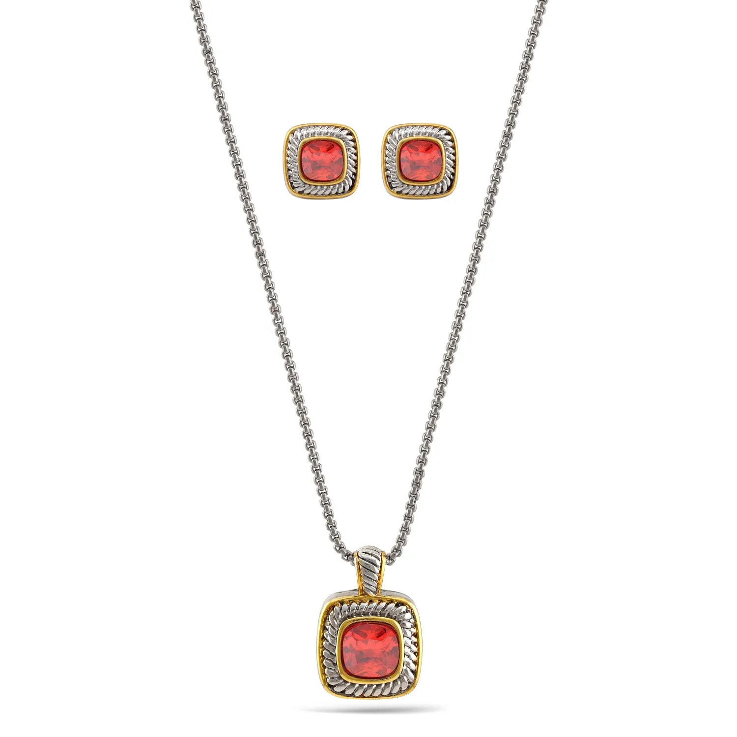 TAZZA Two-Tone Red Crystal Square Cable Pendant Necklace And Earrings Set for Women#JJSET-1959GAR (AF23)