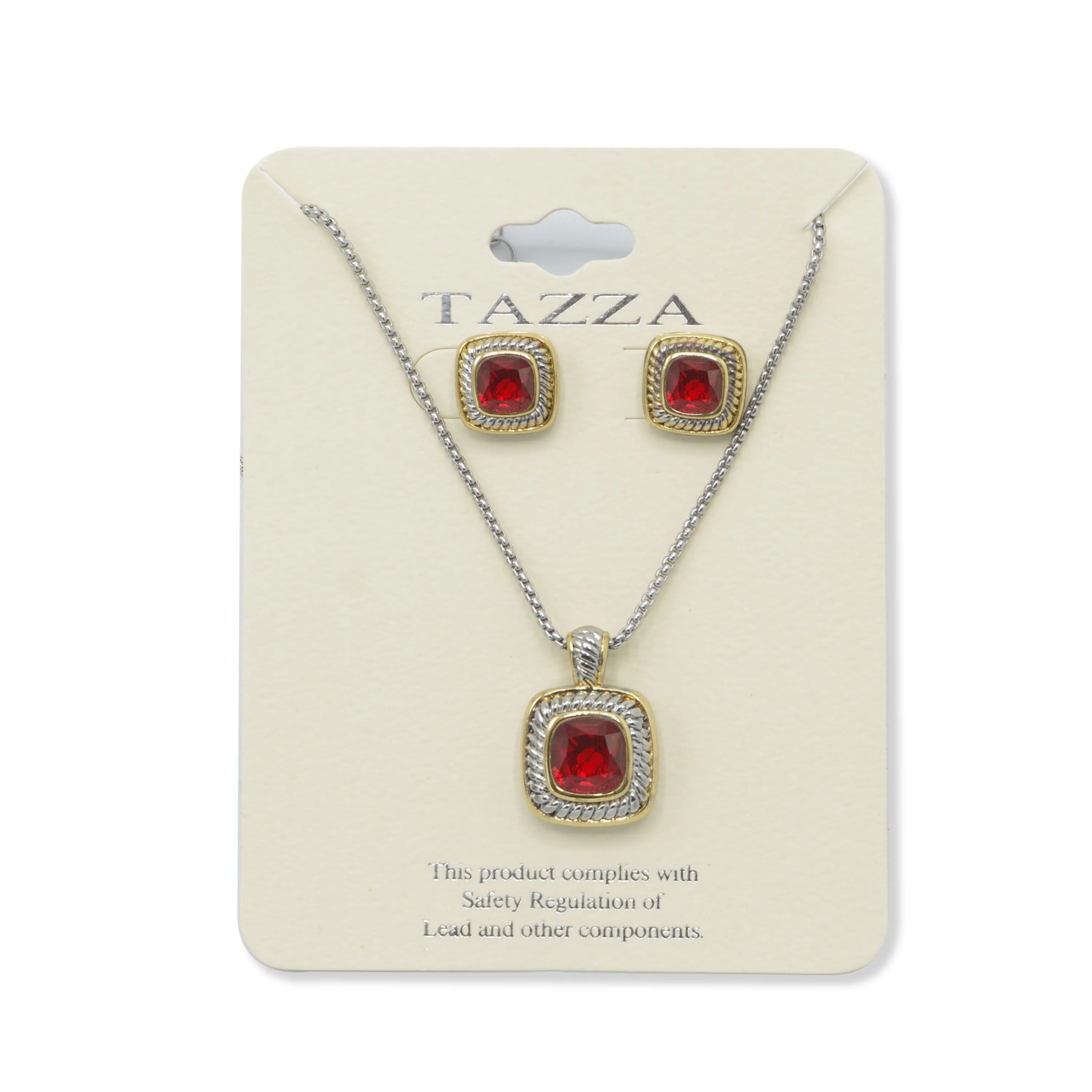 TAZZA Two-Tone Red Crystal Square Cable Pendant Necklace And Earrings Set for Women#JJSET-1959GAR (AF23)