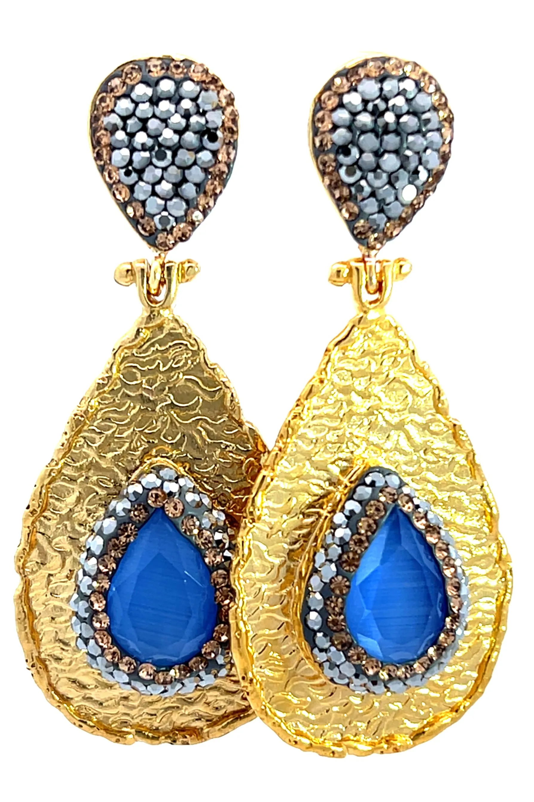 Teardrop Gemstone & Crystal Brass Dangle Earring