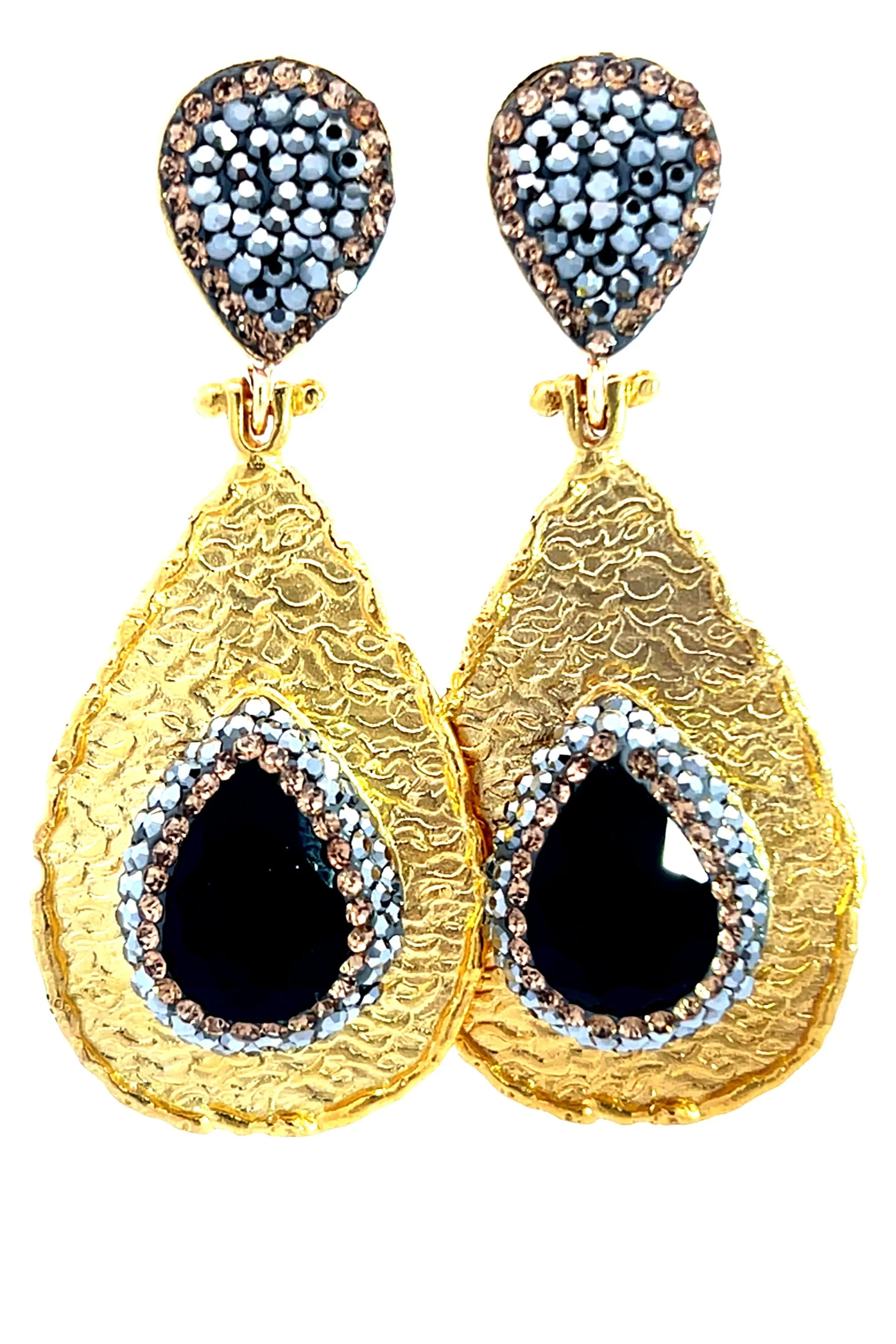 Teardrop Gemstone & Crystal Brass Dangle Earring