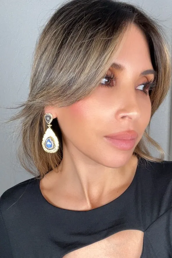 Teardrop Gemstone & Crystal Brass Dangle Earring