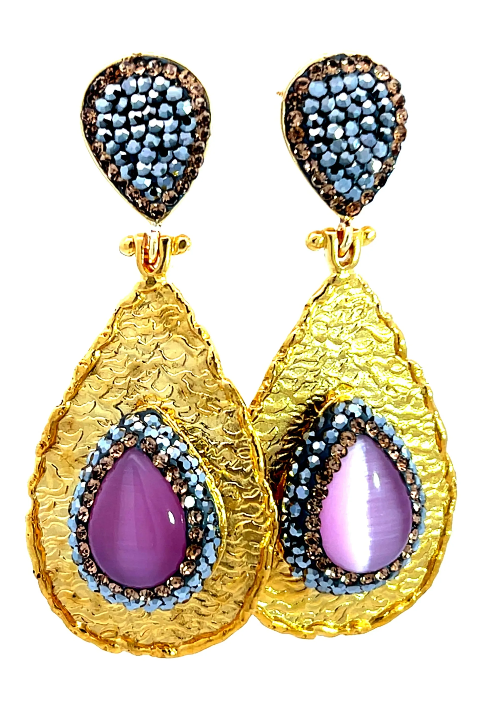 Teardrop Gemstone & Crystal Brass Dangle Earring