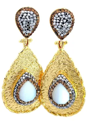 Teardrop Gemstone & Crystal Brass Dangle Earring
