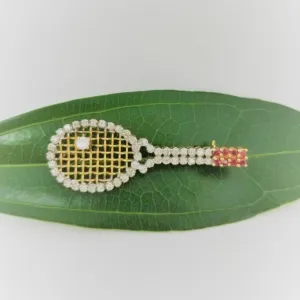 Tennis Racket Brooch with Diamonds and Rubies in Yellow Gold
