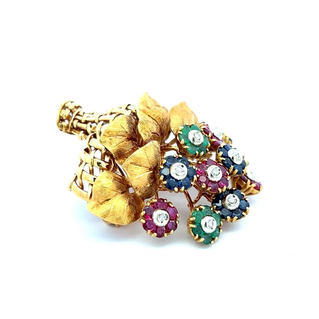 Tiffany & Co 3.30 Carat Ruby Sapphire Emerald 0.20 Carat Diamond 18K YG Brooch