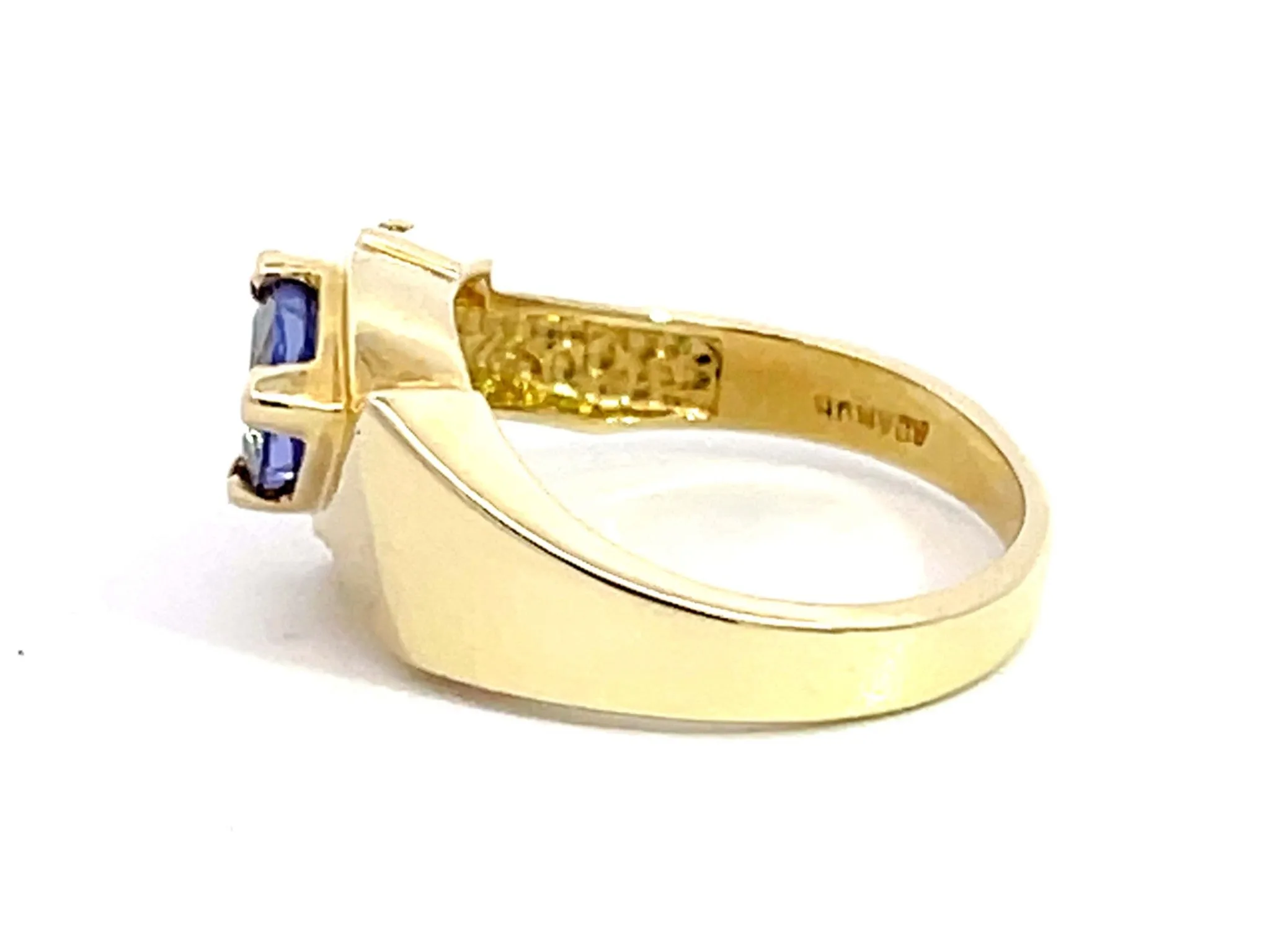 Trillion Blue Purple Tanzanite and 5 Diamond Ring in 14k Yellow Gold