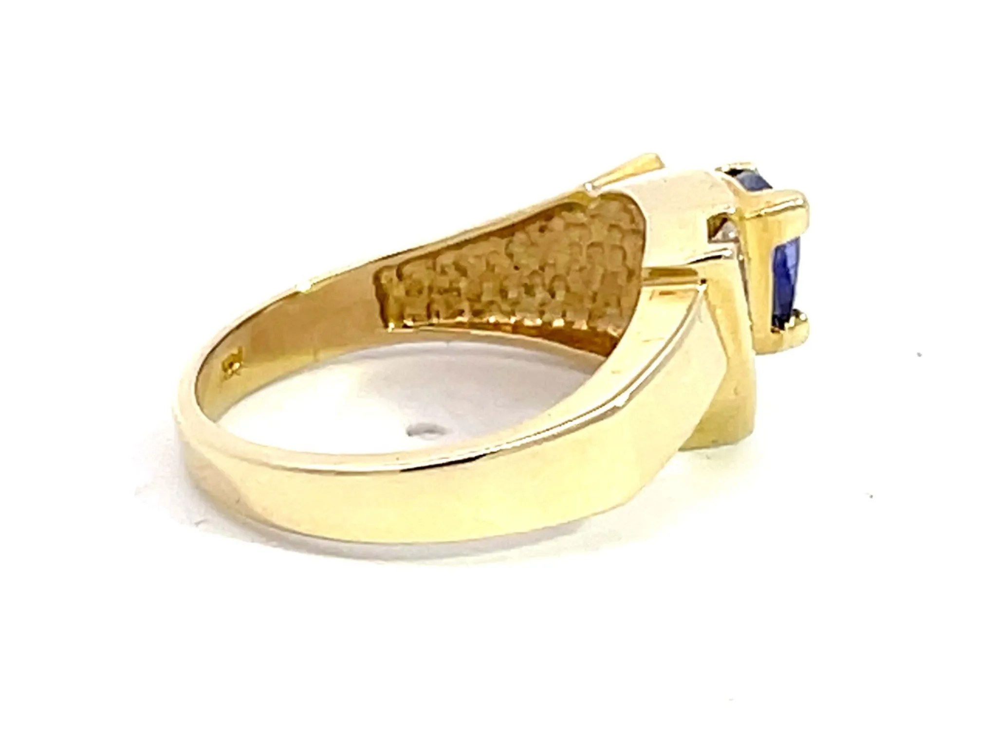 Trillion Blue Purple Tanzanite and 5 Diamond Ring in 14k Yellow Gold