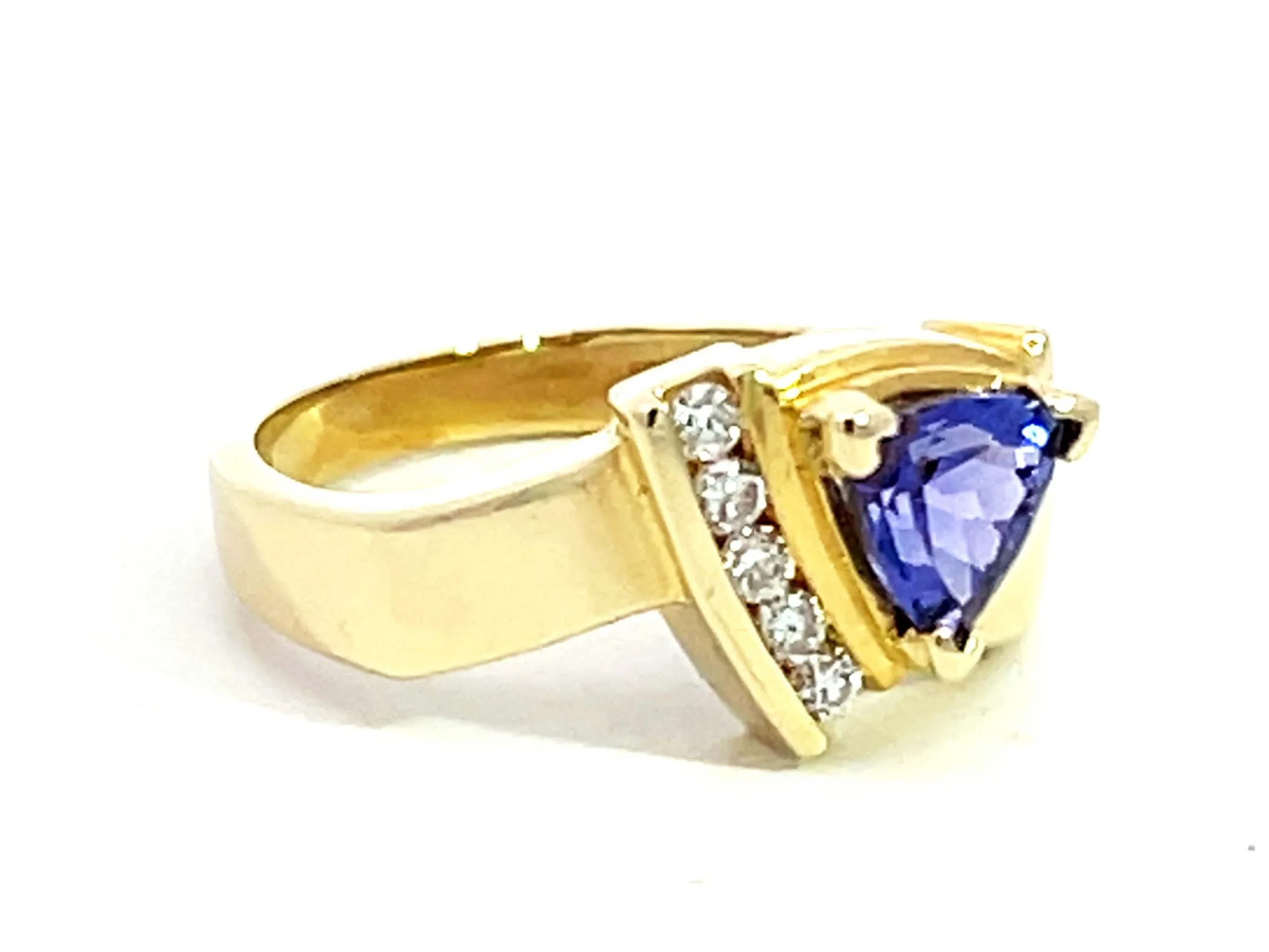 Trillion Blue Purple Tanzanite and 5 Diamond Ring in 14k Yellow Gold