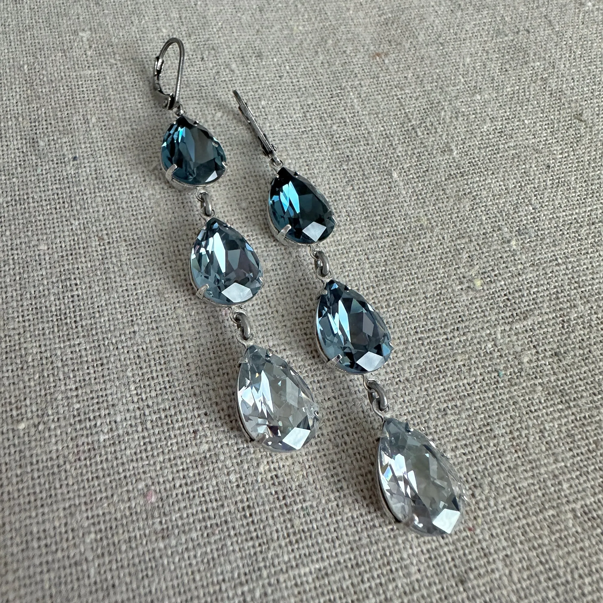 Triple Pear Long Lever Back Earrings • Navy Dusty Blue Ombre