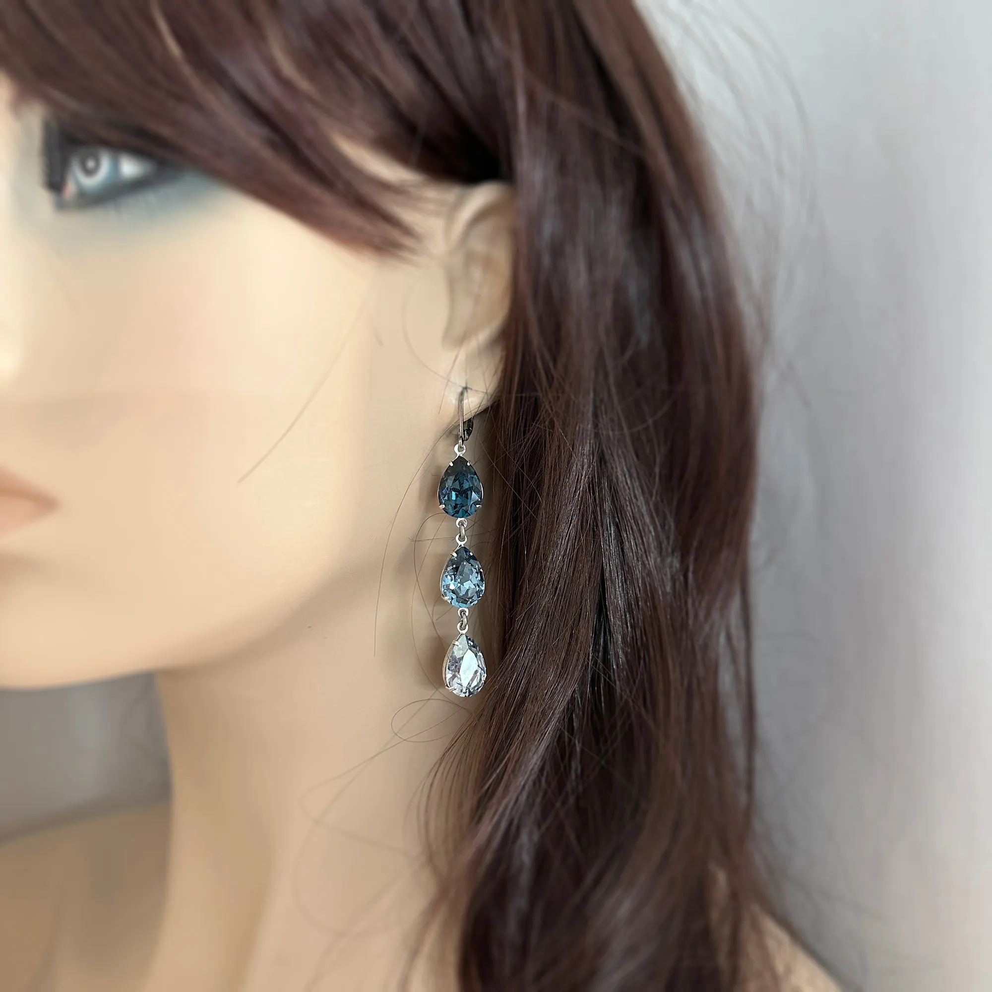 Triple Pear Long Lever Back Earrings • Navy Dusty Blue Ombre
