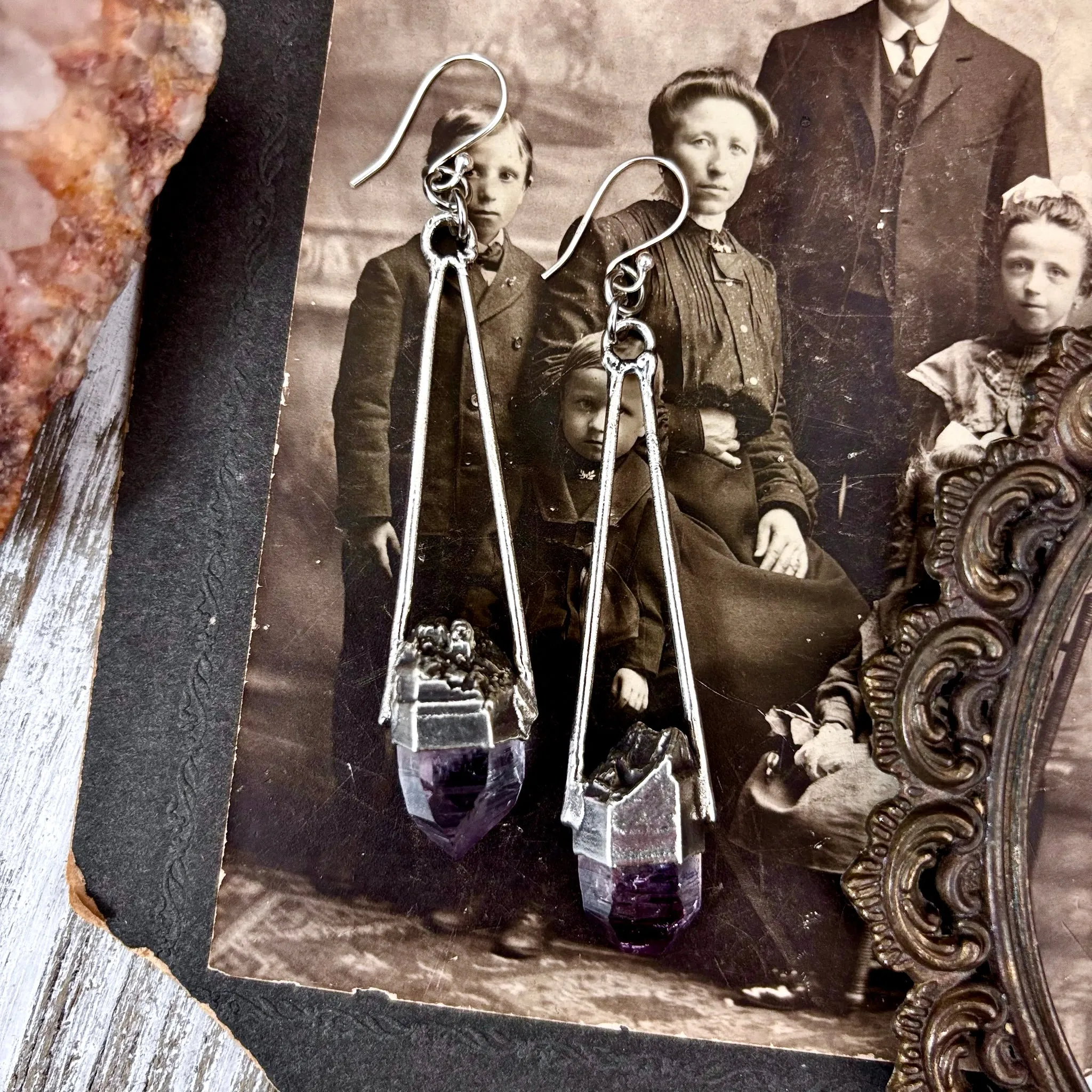 Vera Cruz Amethyst Fine Silver Crystal Earrings / Long Dangle Witchy Earrings