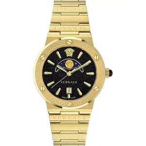 Versace Greca Logo Moonphase Gold Stainless Steel Black Dial Quartz Watch for Gents - VE7g00323
