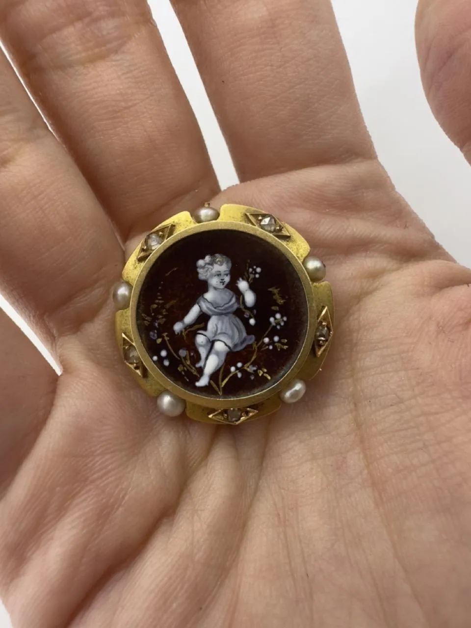 Victorian 14k Diamond, Hand Painted Porcelain, and Pearl Pin