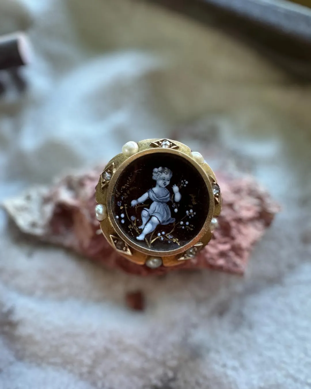 Victorian 14k Diamond, Hand Painted Porcelain, and Pearl Pin