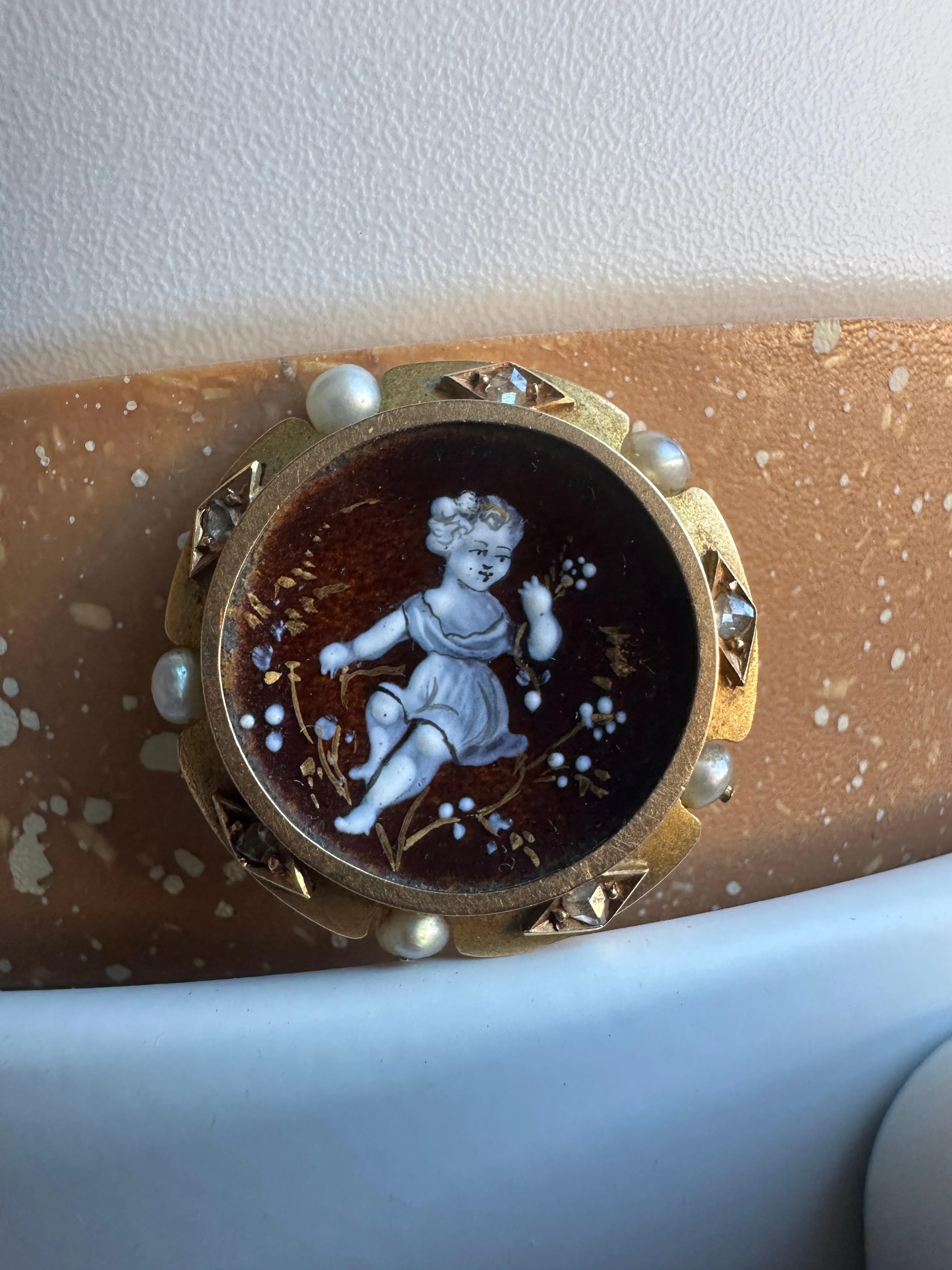 Victorian 14k Diamond, Hand Painted Porcelain, and Pearl Pin