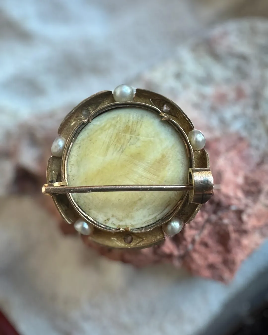 Victorian 14k Diamond, Hand Painted Porcelain, and Pearl Pin