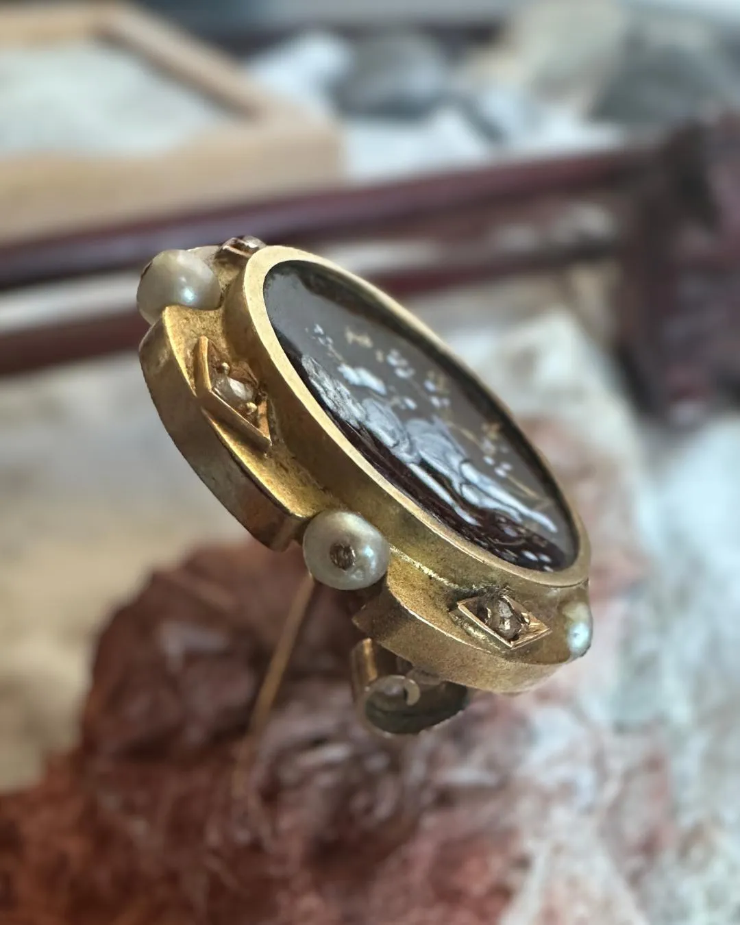Victorian 14k Diamond, Hand Painted Porcelain, and Pearl Pin