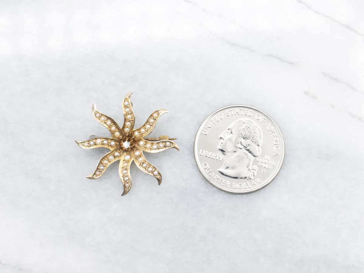 Victorian Old Mine Cut Diamond and Seed Pearl Sunburst Brooch or Pendant