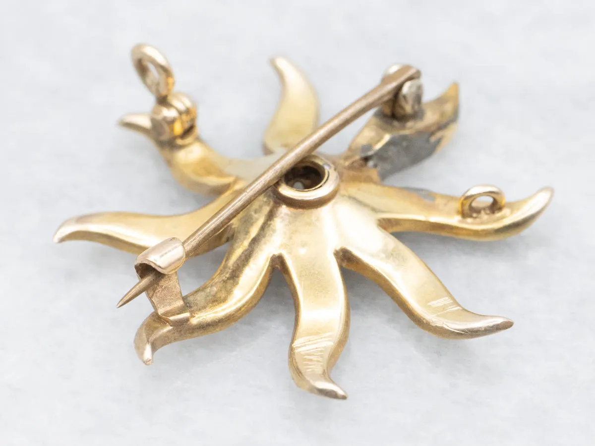 Victorian Old Mine Cut Diamond and Seed Pearl Sunburst Brooch or Pendant