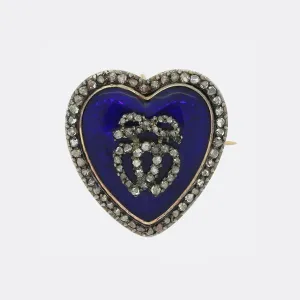 Victorian Rose Cut Diamond and Enamel Heart Brooch Pendant