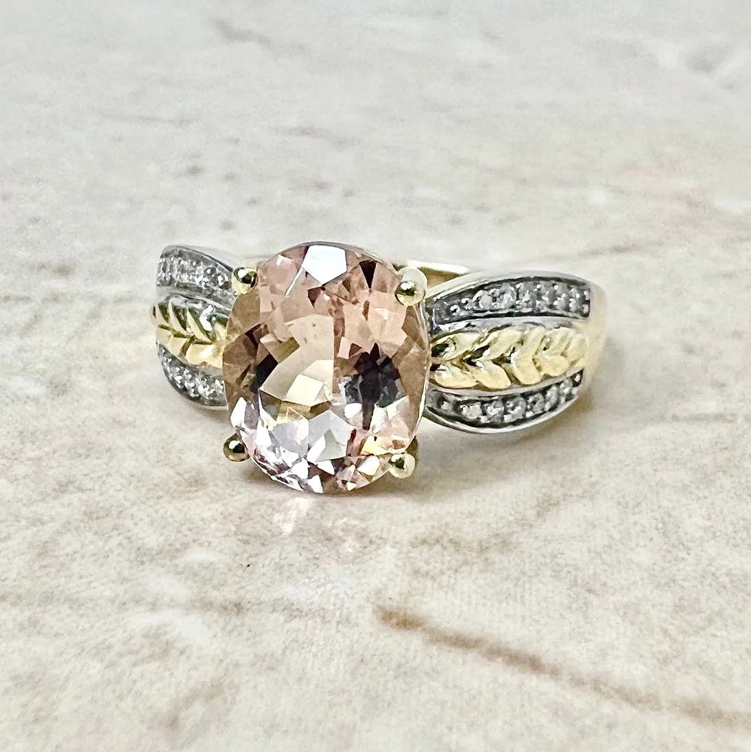 Vintage 14 Karat Yellow & White Gold 2 Carats Oval Morganite & Diamond Solitaire Ring