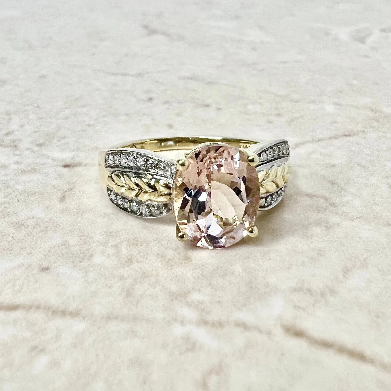Vintage 14 Karat Yellow & White Gold 2 Carats Oval Morganite & Diamond Solitaire Ring