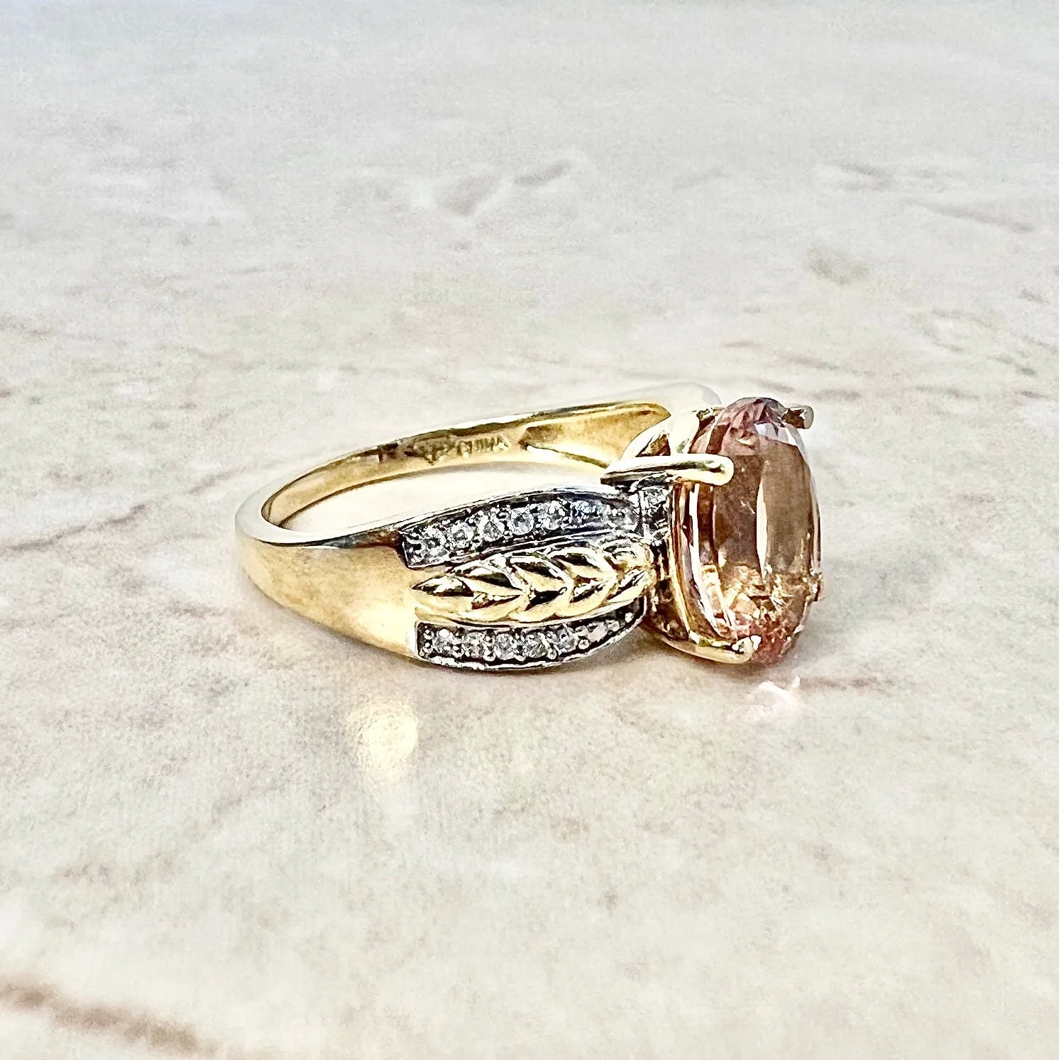 Vintage 14 Karat Yellow & White Gold 2 Carats Oval Morganite & Diamond Solitaire Ring