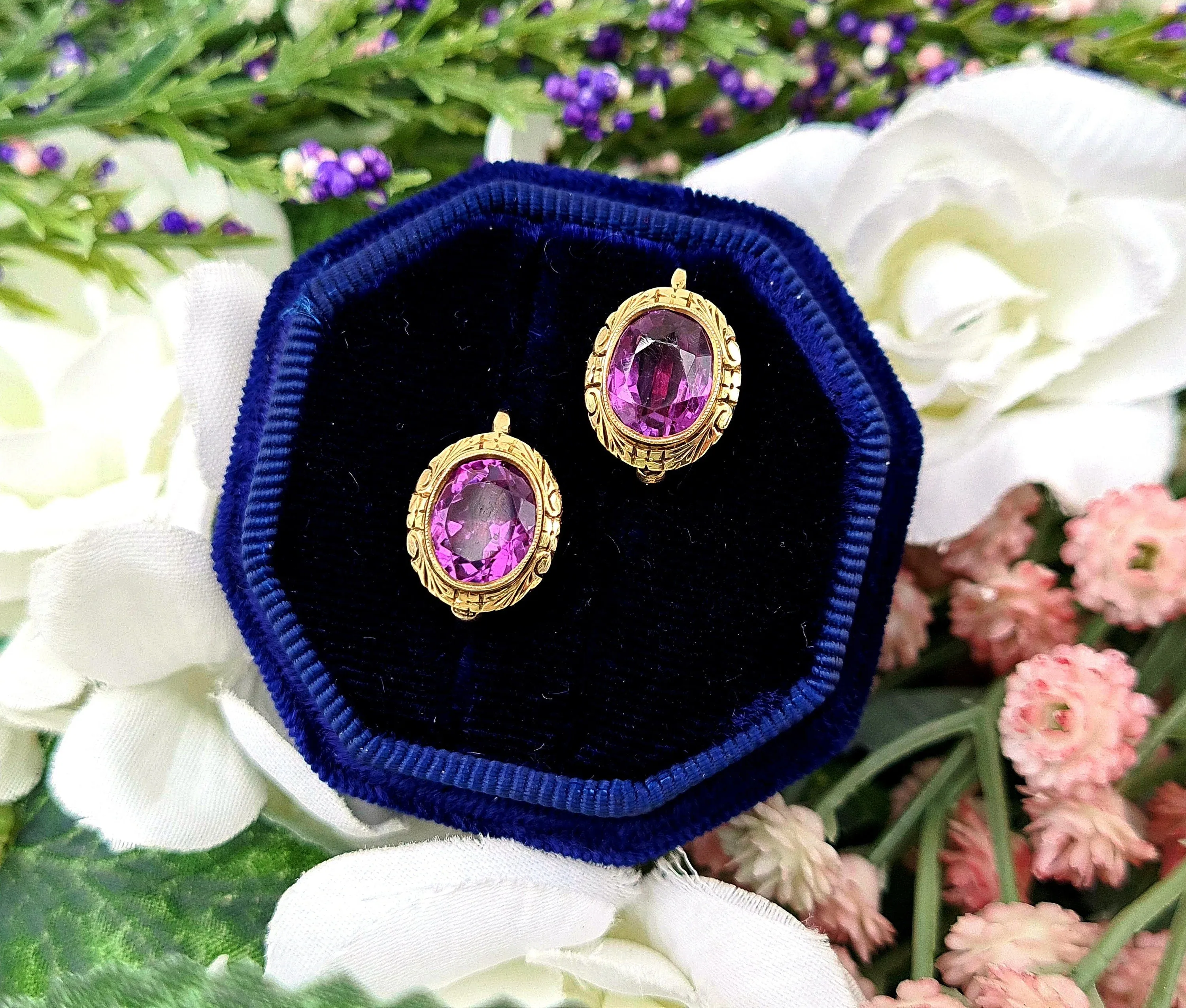 Vintage 14ct Yellow Gold Ornate Colour Change Purple Blue Sapphire Clip on Earrings