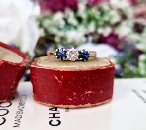 Vintage 18ct Yellow Gold Classic Sapphire and Diamond Trilogy Ring / Size Q or 8.5